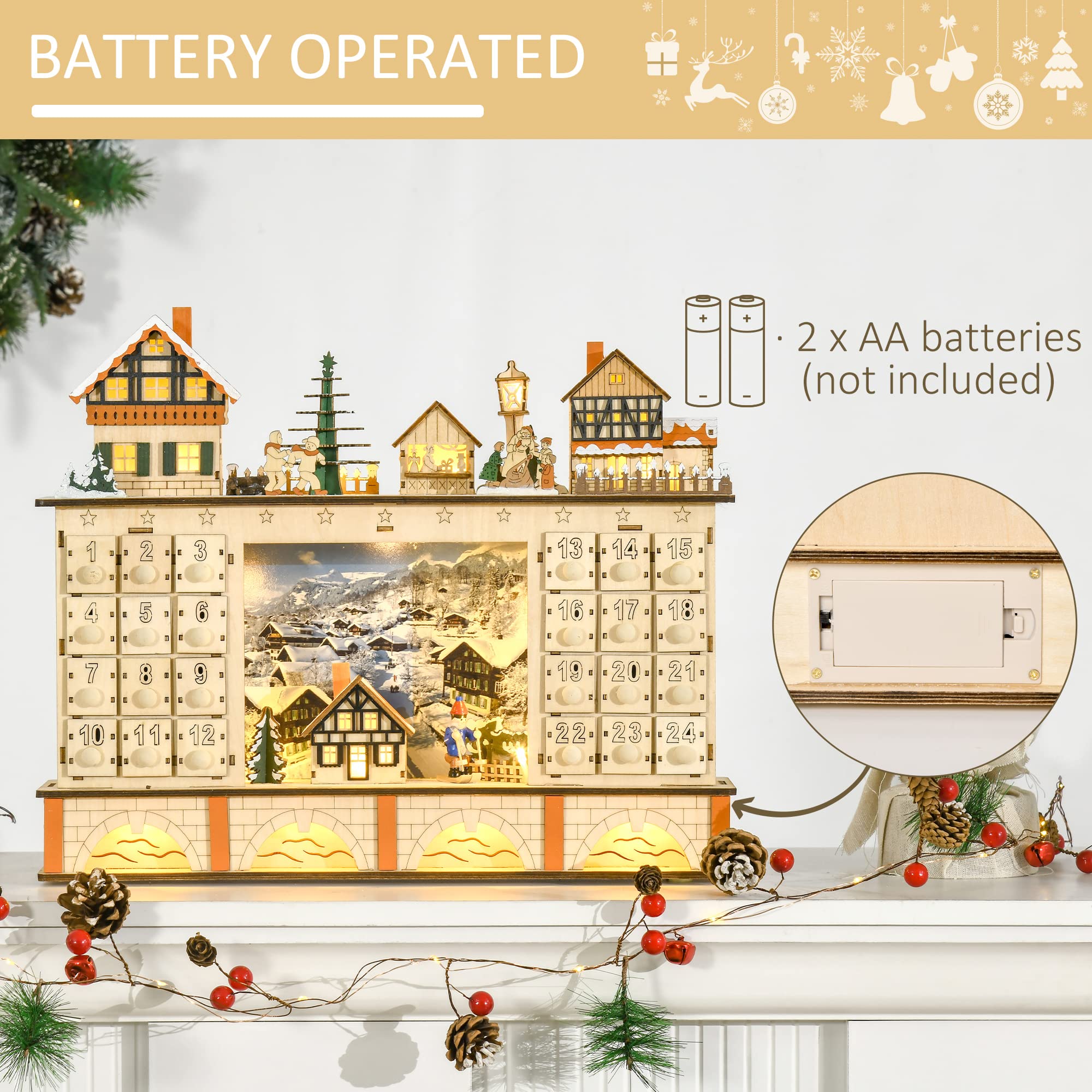 HOMCOM Christmas Advent Calendar, Light Up Table Xmas Wooden Store Holiday Decoration with Countdown Drawer, Village, for Kids a